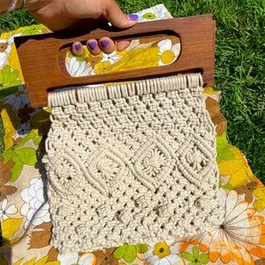 NWOT Crochet Wooden Mini Handbag Salt + Umber